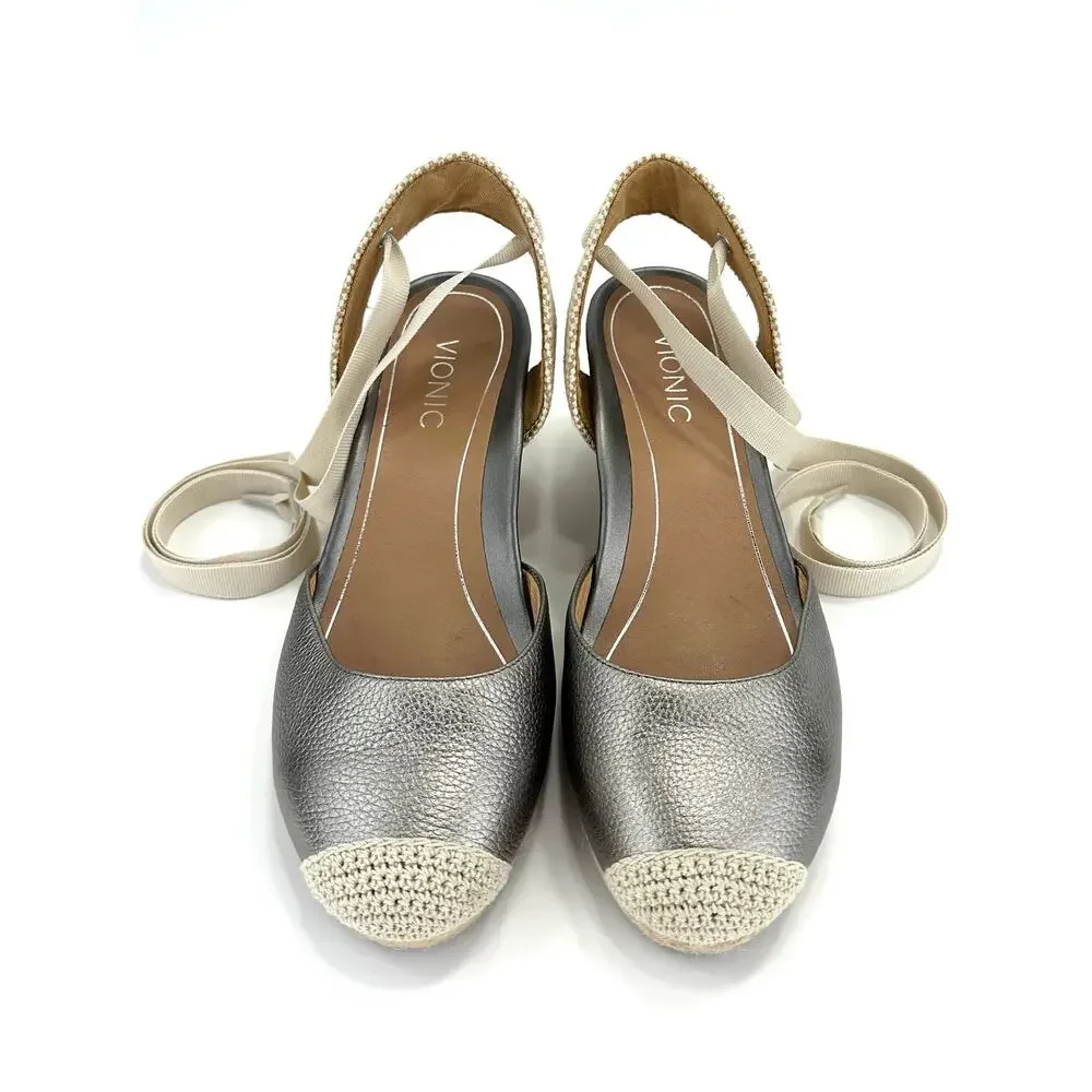 Vionic Maris Wedge Sandal Size 9/41 Gray/Pewter Leather Espadrille Closed Toe
